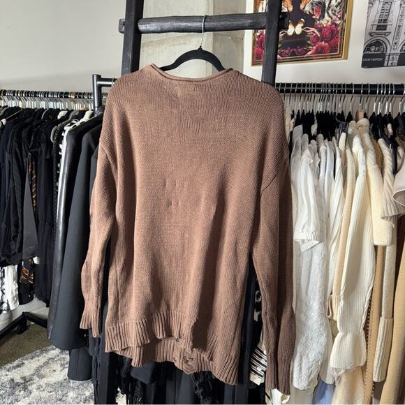 BDG Stella Cowboy Boot Graphic Distressed Oversized Pullover Sweater Brown Boots - Picture 8 of 8